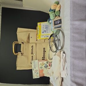 Crafting Supplies Bundle with Embroidery Patterns, Hoops, Cloth Pieces, Needles